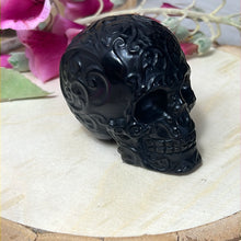 Load image into Gallery viewer, Gold Sheen Obsidian Script Mexican Filigree Skull
