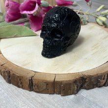 Load image into Gallery viewer, Gold Sheen Obsidian Script Mexican Filigree Skull
