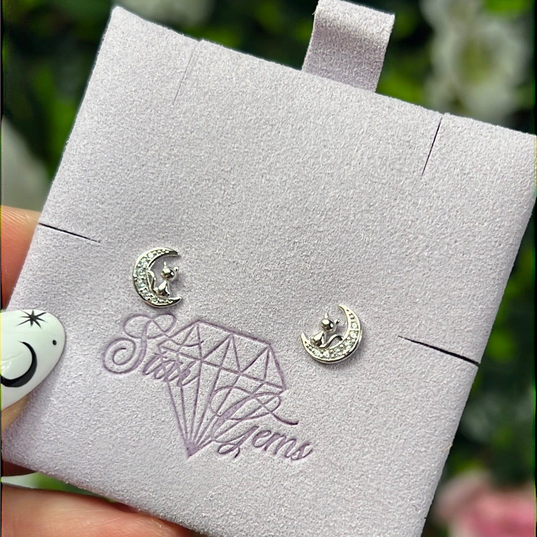 Cat Moon CZ 925 Sterling Silver Studs