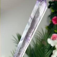 Load image into Gallery viewer, Statement Phantom Amethyst Smokey Quartz Wand with Stand
