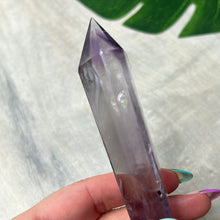 Load image into Gallery viewer, Statement Phantom Amethyst Smokey Quartz Wand with Stand
