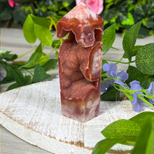 Load image into Gallery viewer, Druzy Carnelian &amp; Flower Agate Tower Point Obelisk
