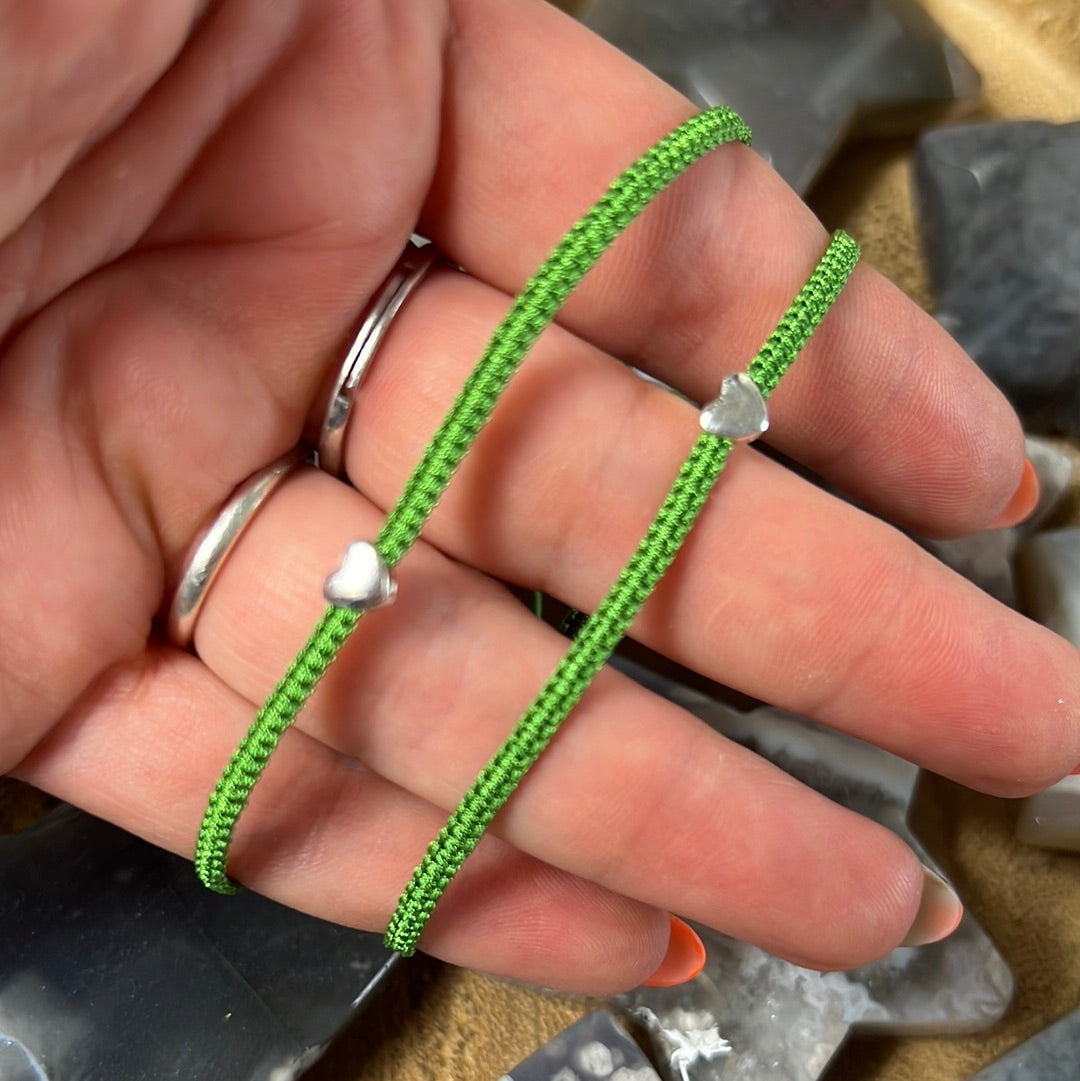 Forest Green Heart Sterling 925 Silver Rope Thread Cord Adjustable Bracelet
