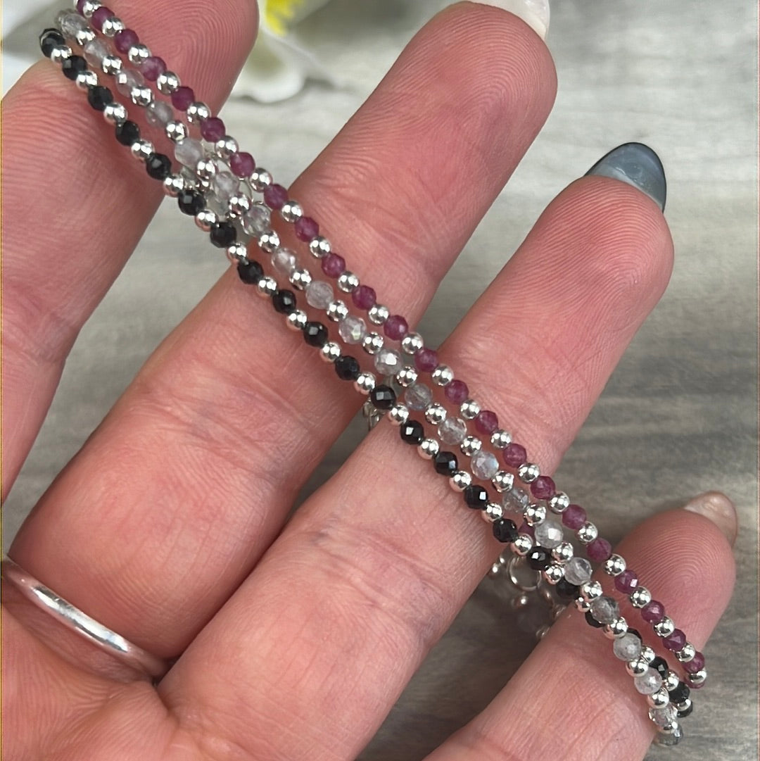 Sterling Bead & Crystal Bracelet - 925 Silver Adjustable