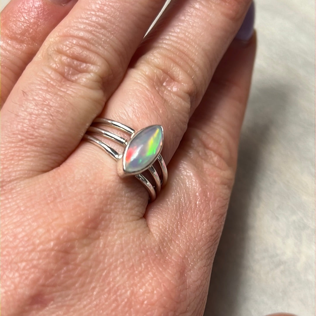 Ethiopian Opal 3 Bar 925 Sterling Silver Ring - Size Q