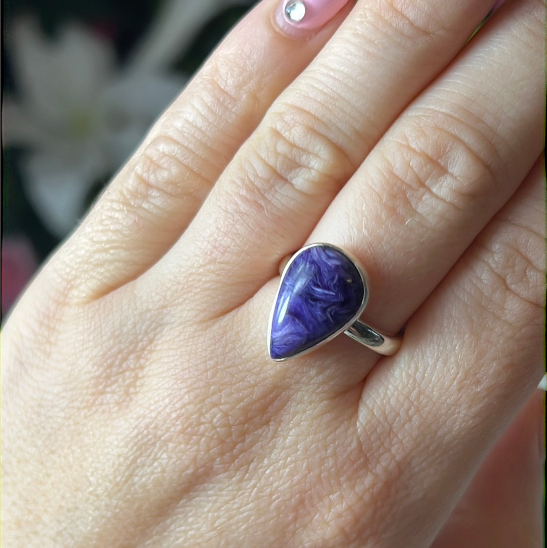 Adjustable Charoite 925 Sterling Silver Ring