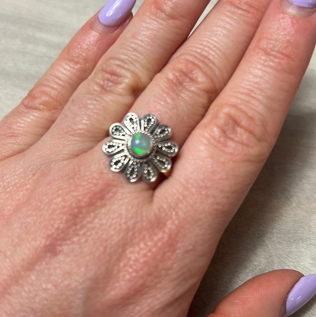 Ethiopian Opal Flower 925 Sterling Silver Ring - Size Q 1/2 - R