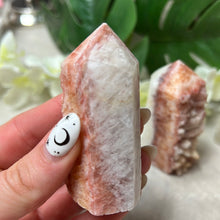 Load image into Gallery viewer, Druzy Sunstone Orchid and Orange Calcite Tower Points
