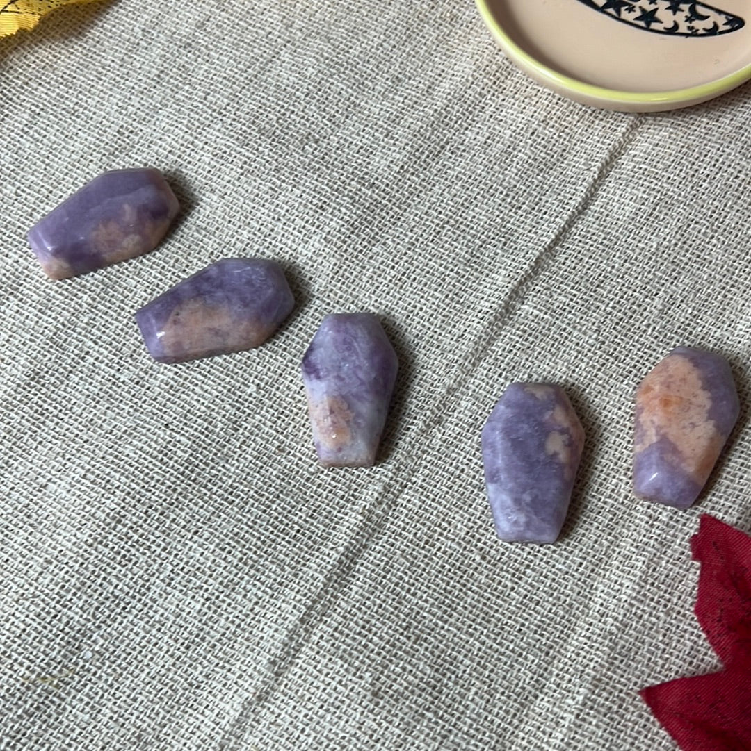 Lepidolite with stillbite coffin - flat back