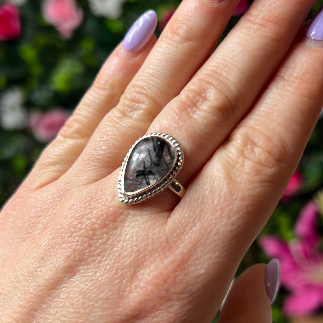 Black Rutilated Quartz 925 Sterling Silver Ring - Size S