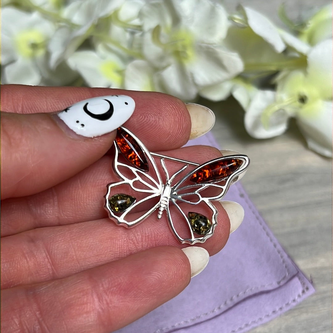 Amber Butterfly 925 Sterling Silver Brooch