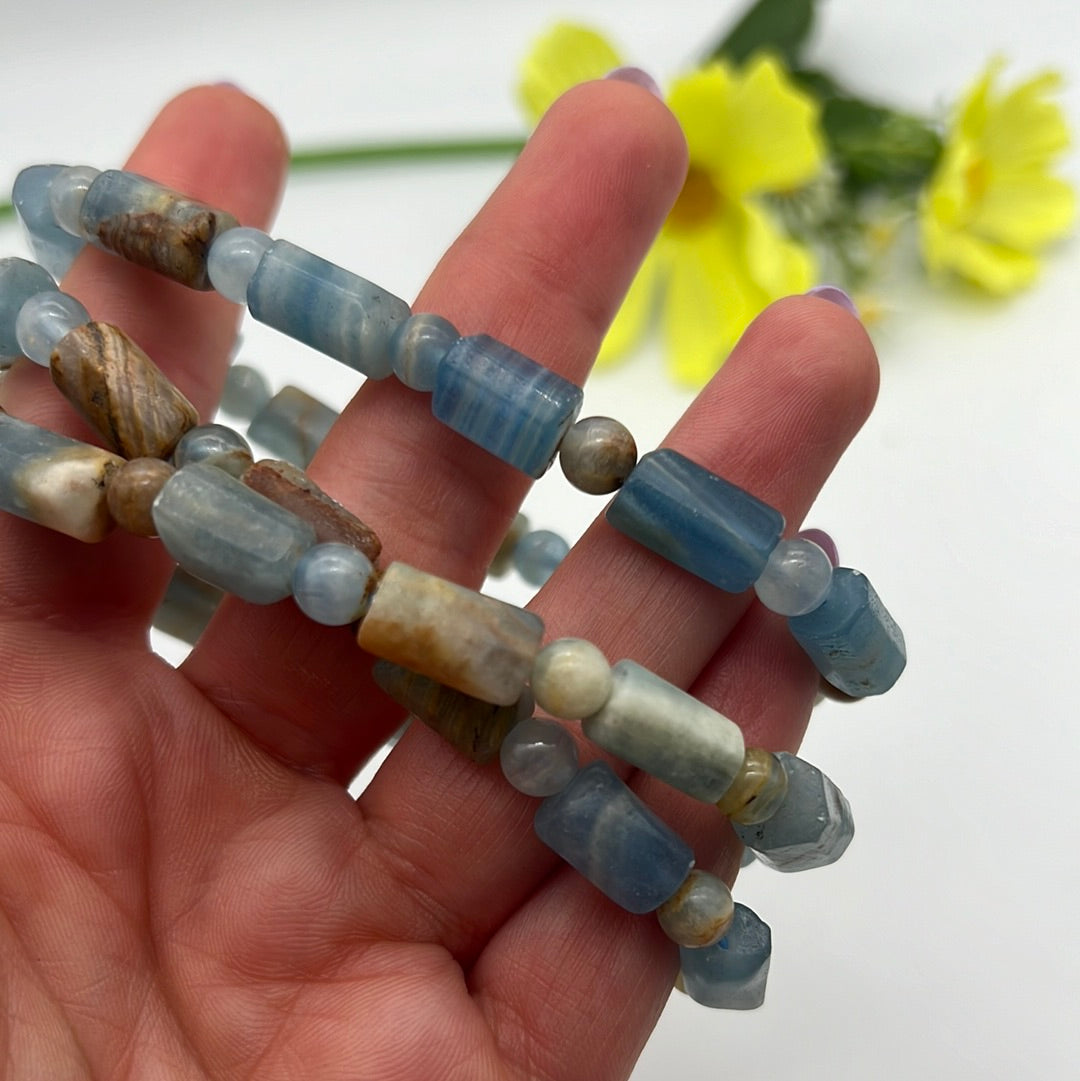 AA Aquatine Lemurian Calcite Bar Bracelet (blue onyx)