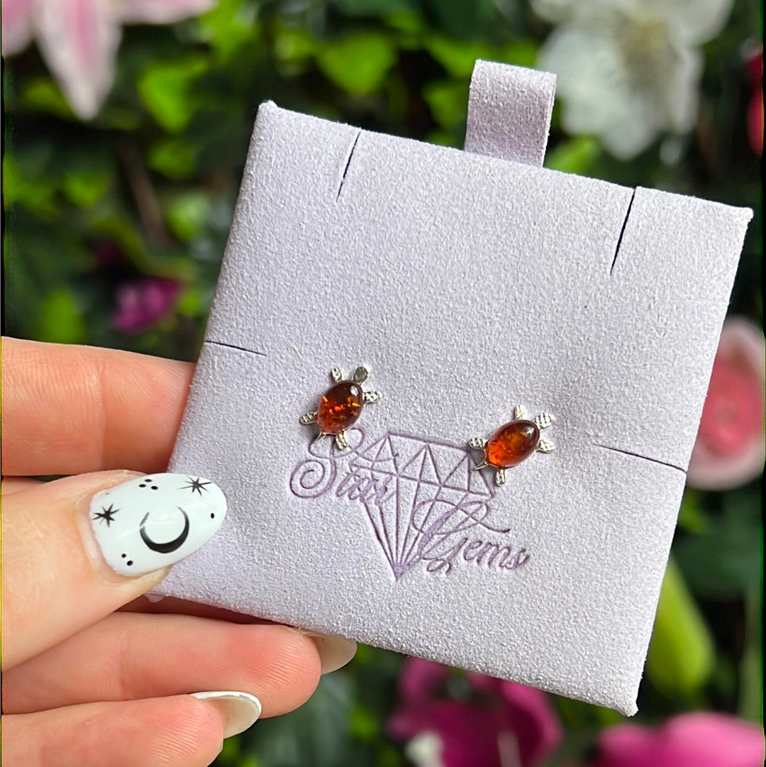 Amber Turtle Tortoise Sterling Silver Studs