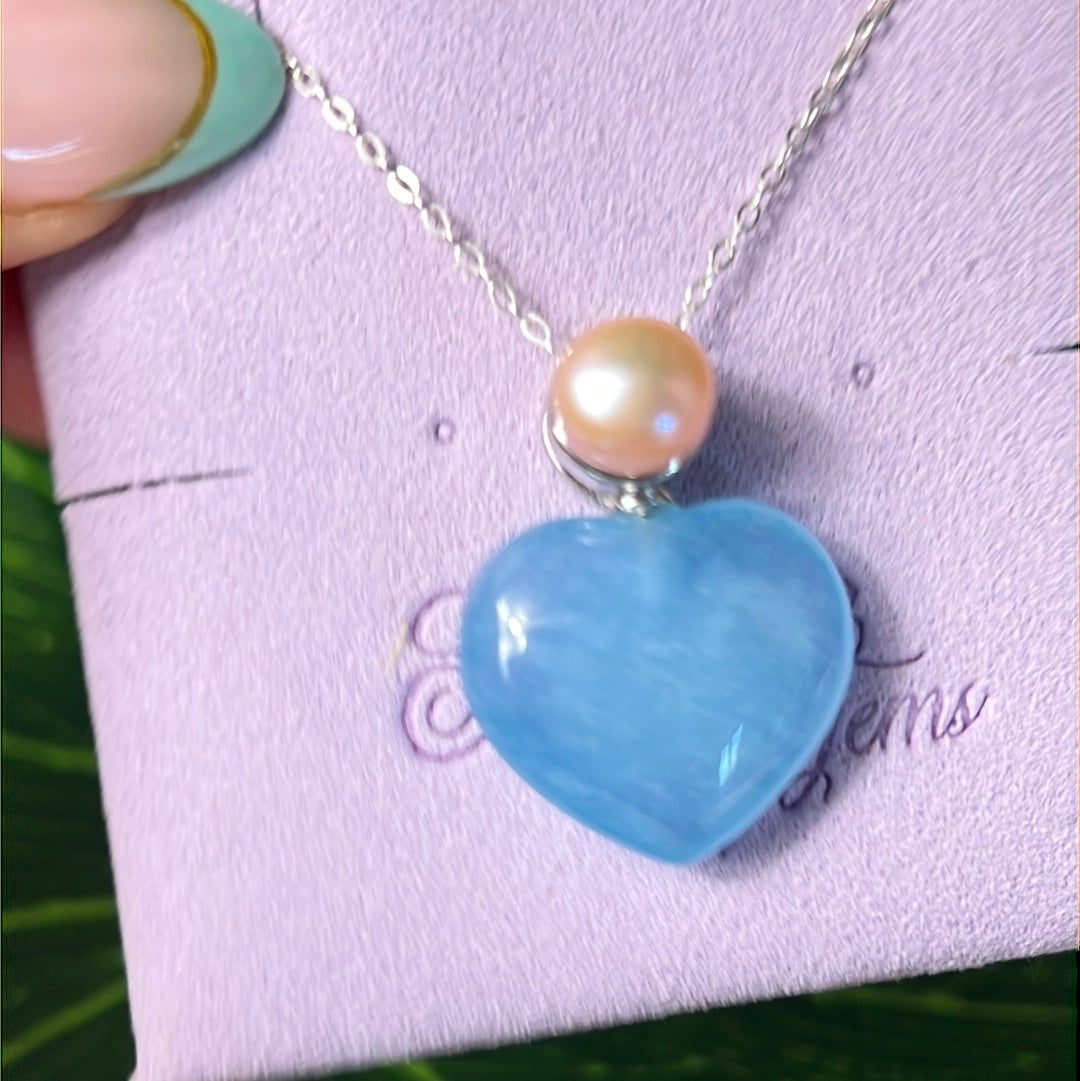 Aquamarine Pearl Heart 925 Sterling Silver Pendant