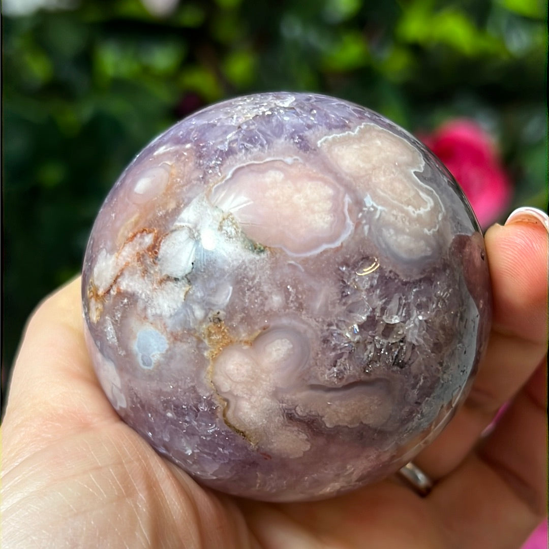 Pink Amethyst & Purple Druzy Amethyst Sphere with flower agate