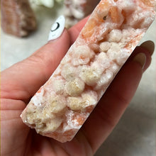 Load image into Gallery viewer, Druzy Sunstone Orchid and Orange Calcite Tower Points
