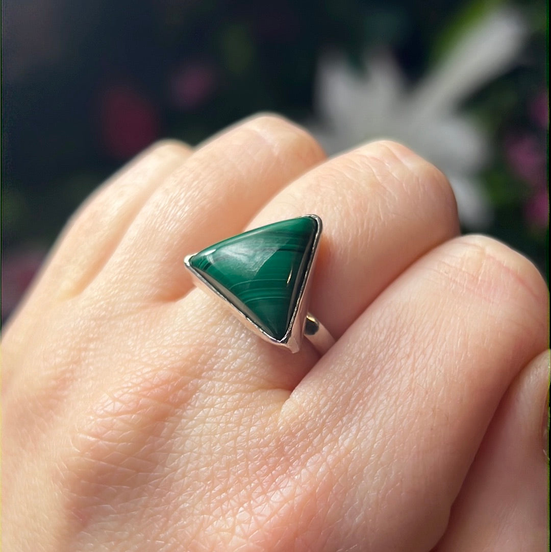 Malachite Triangle 925 Silver Ring -  Size N