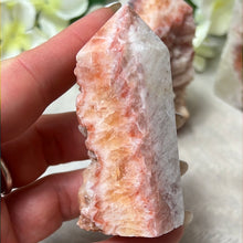 Load image into Gallery viewer, Druzy Sunstone Orchid and Orange Calcite Tower Points
