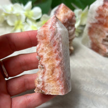 Load image into Gallery viewer, Druzy Sunstone Orchid and Orange Calcite Tower Points
