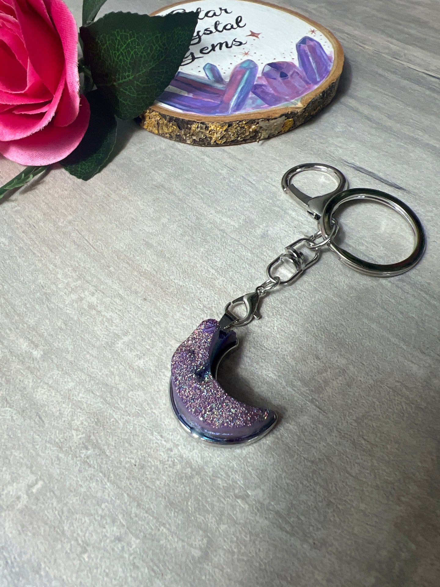 Purple Druzy Moon Keyring