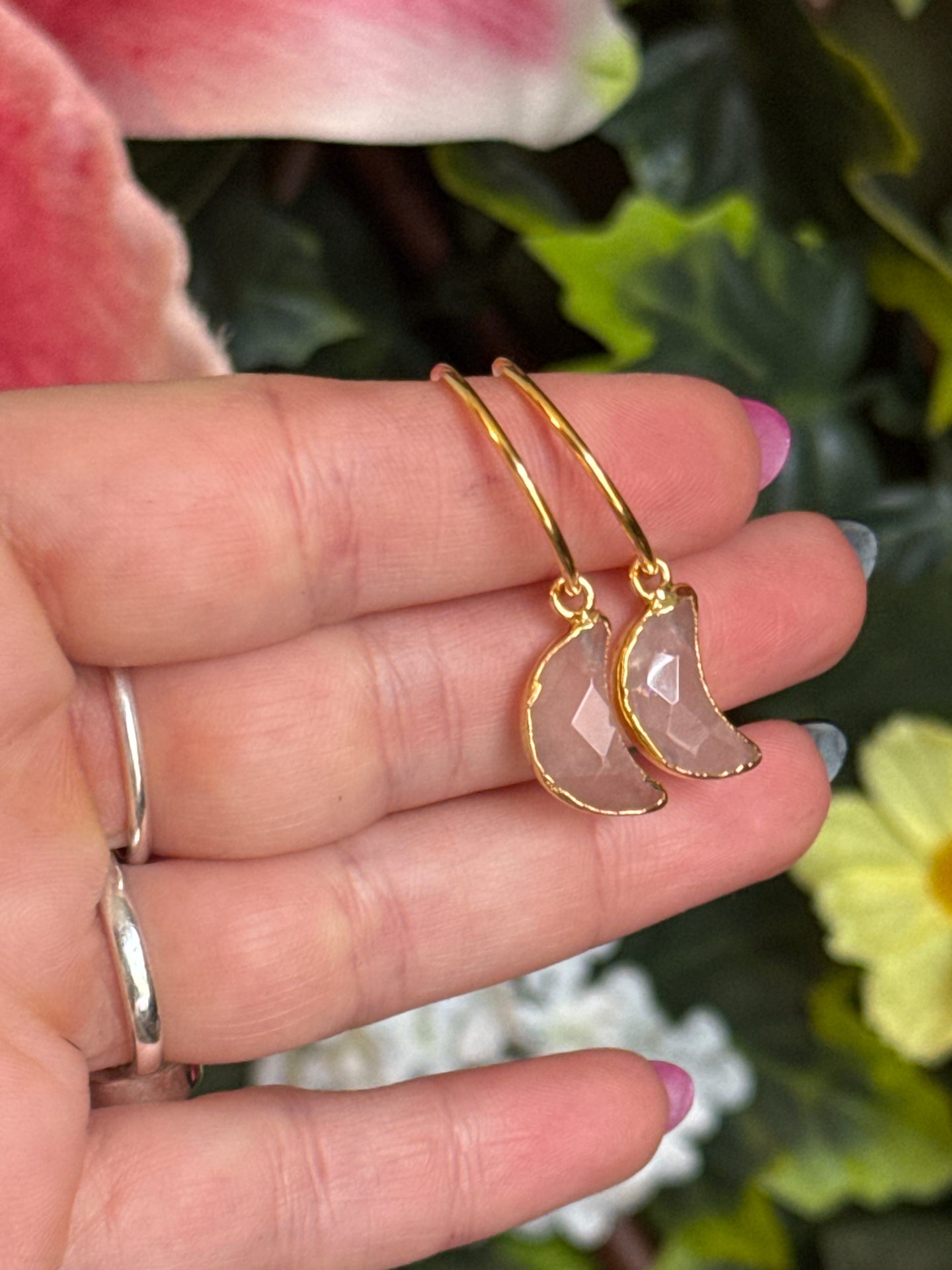 Rose quartz moon Hoop -  18K Gold 925 Sterling Silver Earrings