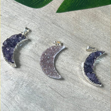 Load image into Gallery viewer, Amethyst Druzy Moon Pendant - Silver Plated
