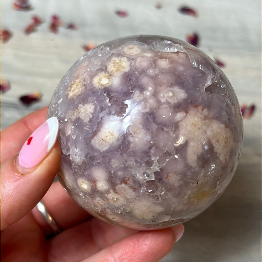 Pink Amethyst & Purple Druzy Amethyst Sphere with flower agate