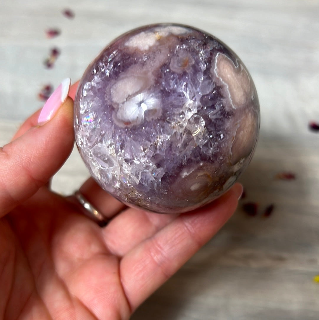 Pink Amethyst & Purple Druzy Amethyst Sphere with flower agate