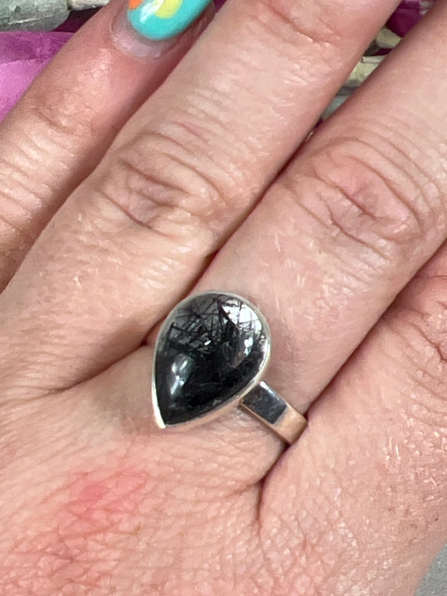 Adjustable Black Tourmaline Rutile in Quartz 925 Sterling Silver Ring