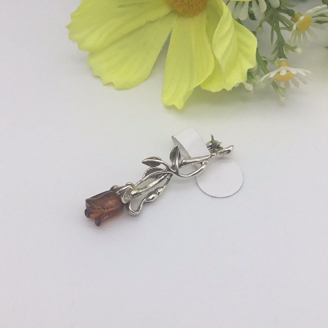 Amber Rose Flower 925 Sterling Silver Brooch