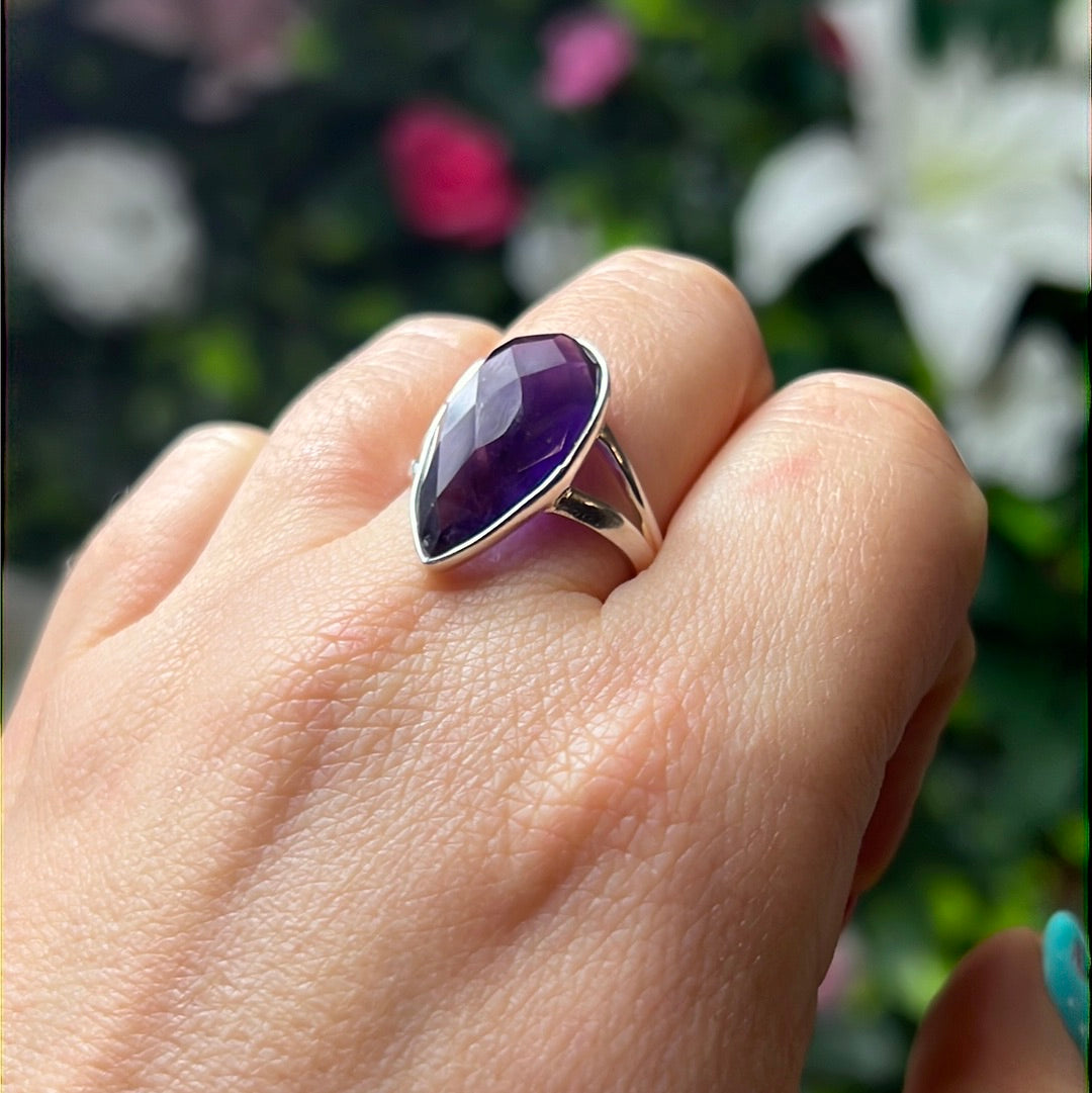 Amethyst Facet 925 Sterling Silver Ring - Size P 1/2