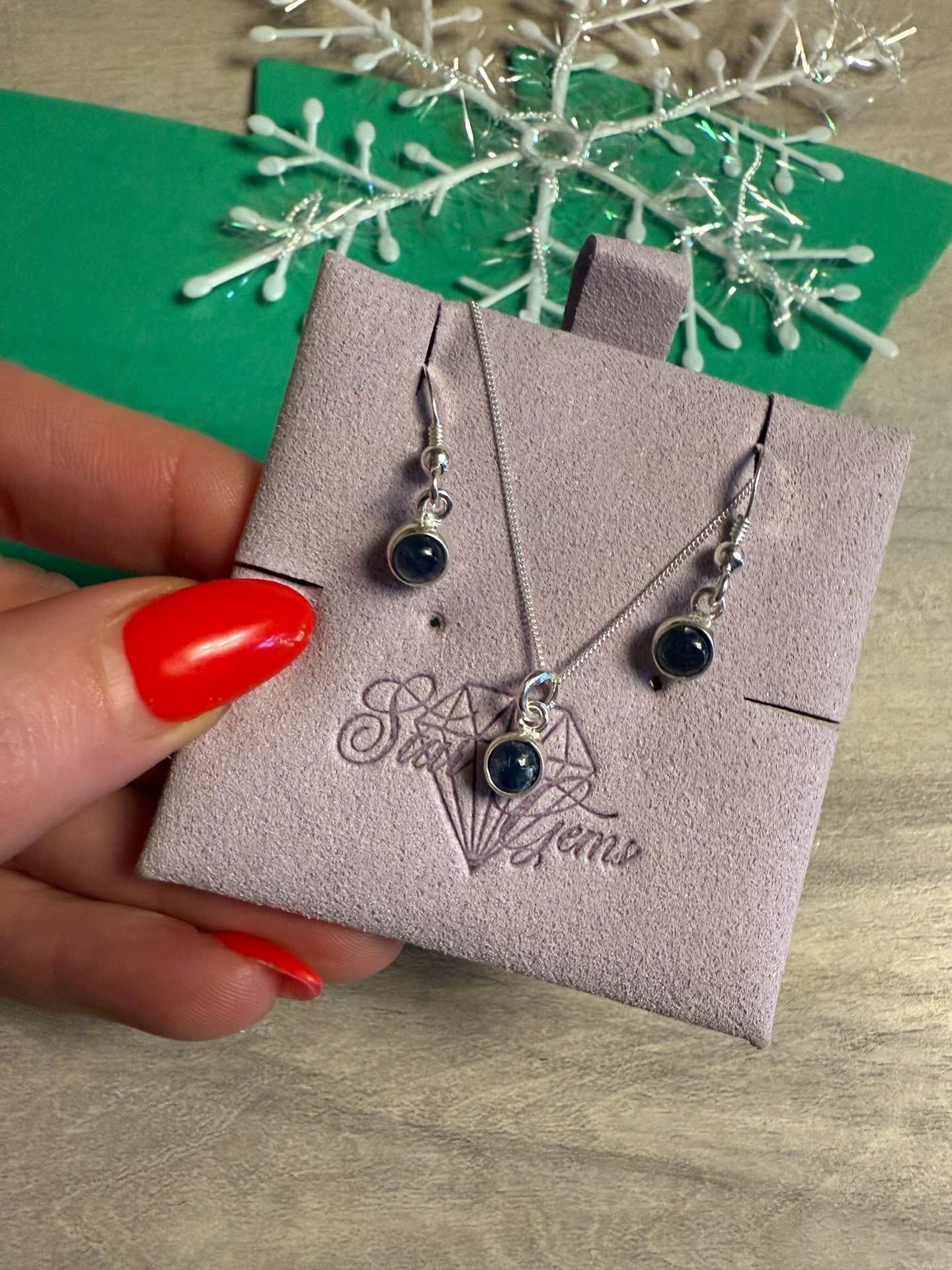 Blue Sapphire Sterling Silver Earring & Necklace Set