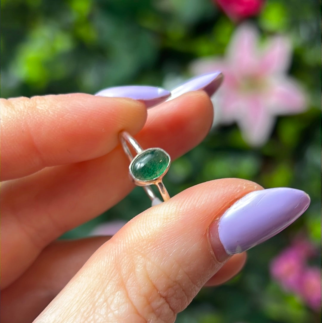 Dainty Green Jade 925 Silver Ring -  Size N