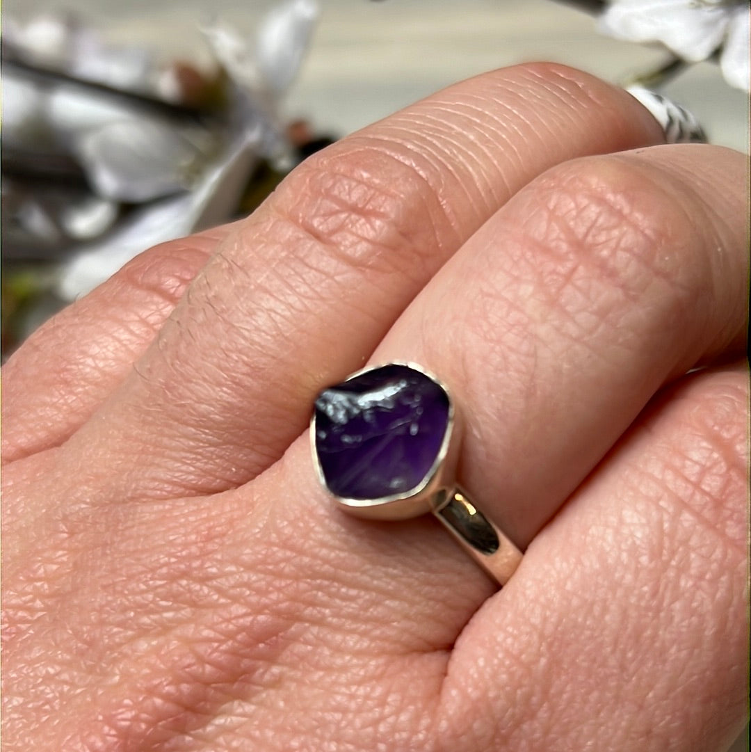 Amethyst Raw 925 Sterling Silver Ring - Size R 1/2