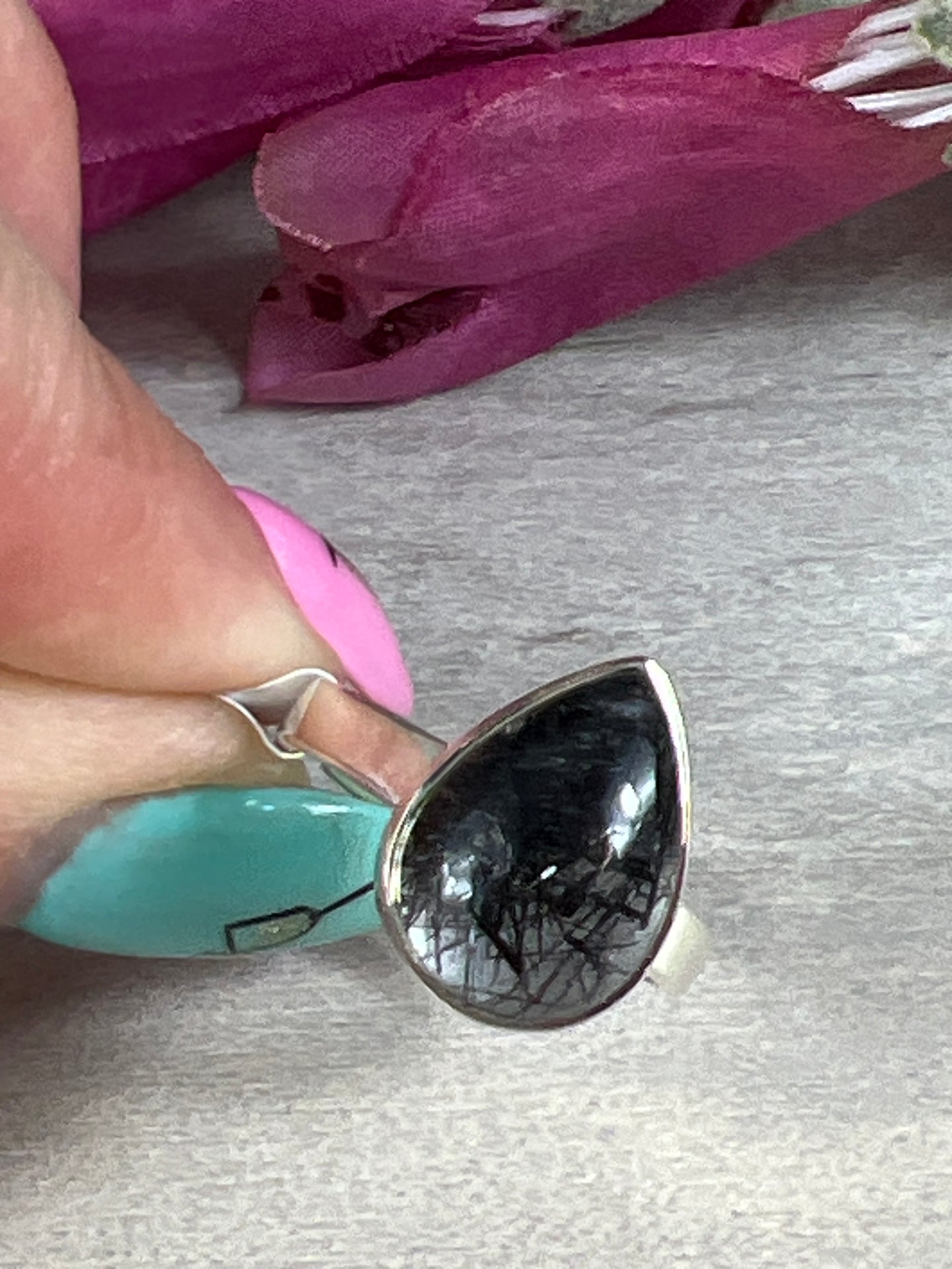 Adjustable Black Tourmaline Rutile in Quartz 925 Sterling Silver Ring