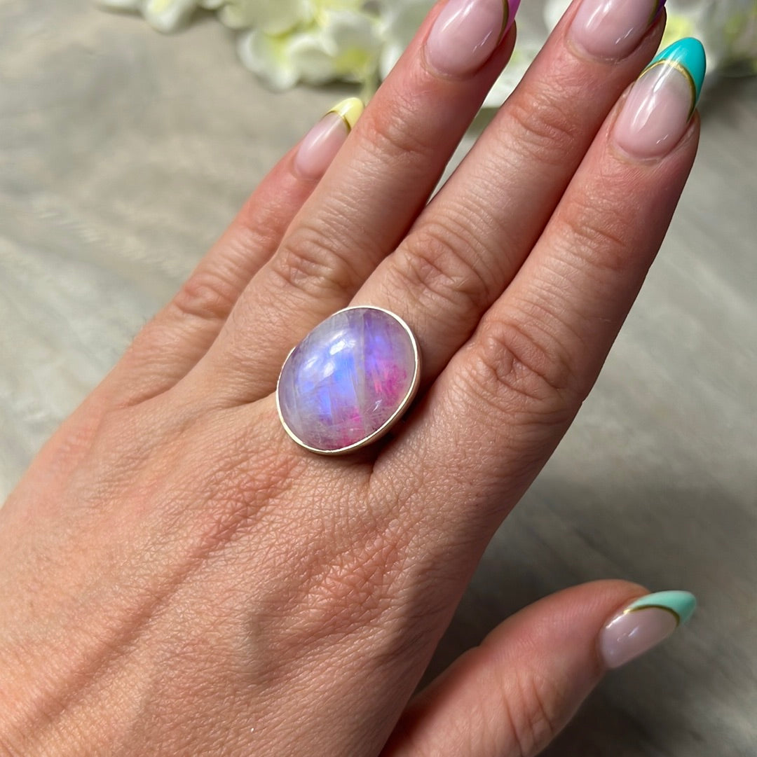Pink Moonstone 925 Silver Ring -  Size R 1/2 - S