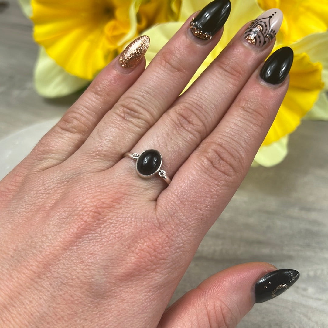 Black Obsidian 925 Sterling Silver Ring -  Size Q 1/2