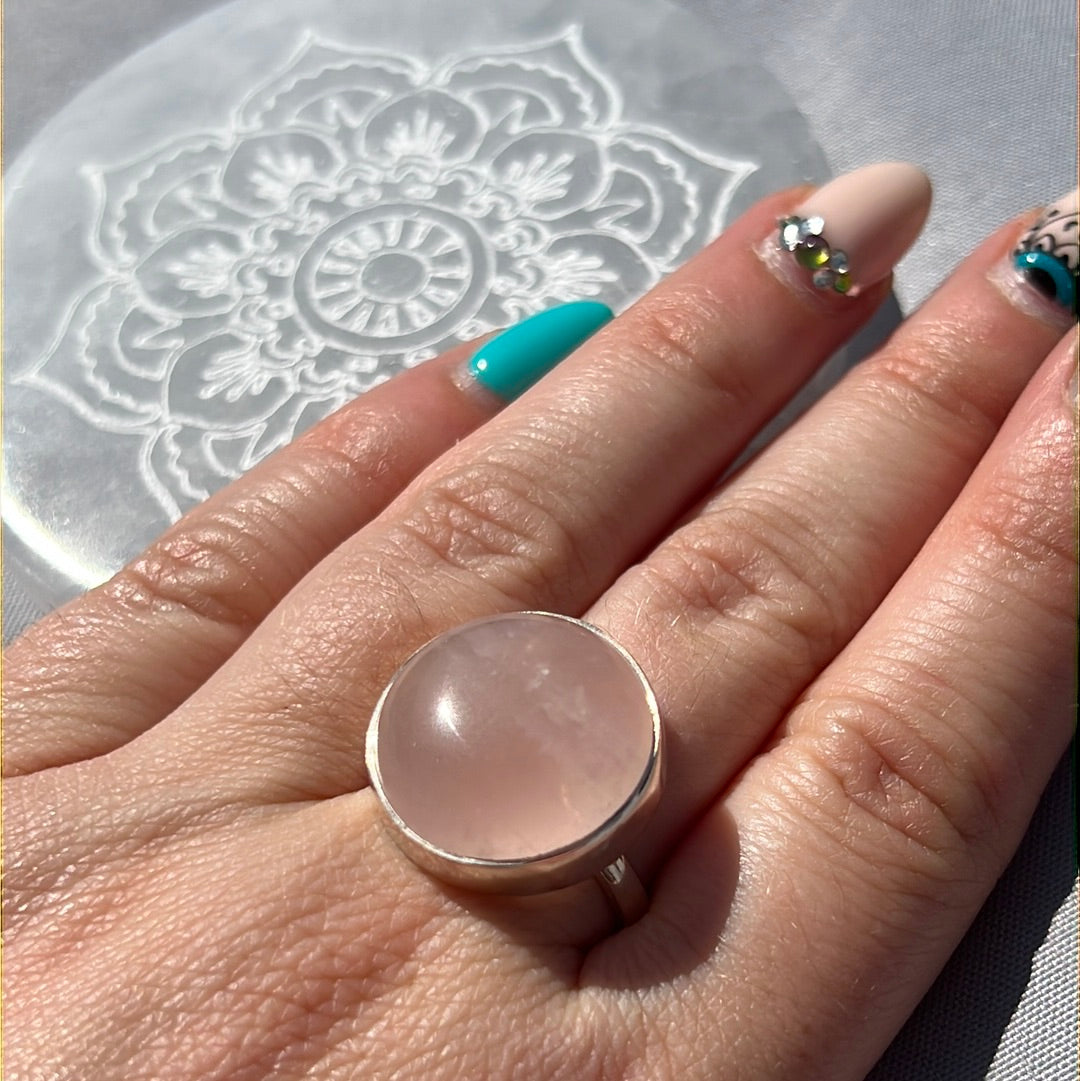 Rose Quartz 925 Sterling Silver Ring - Size P 1/2