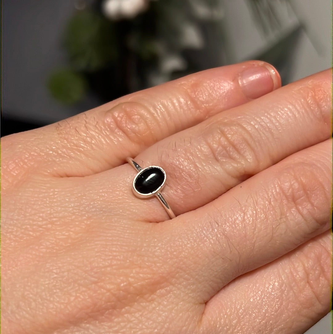 Black Onyx - Dainty 925 Silver Ring - Size J 1/2 - K