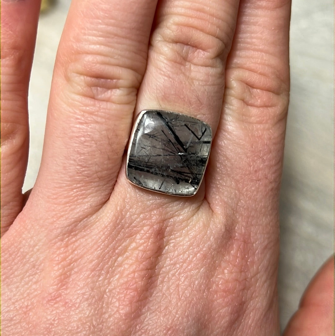 AA Black Tourmaline in Quartz 925 Silver Ring - Size M