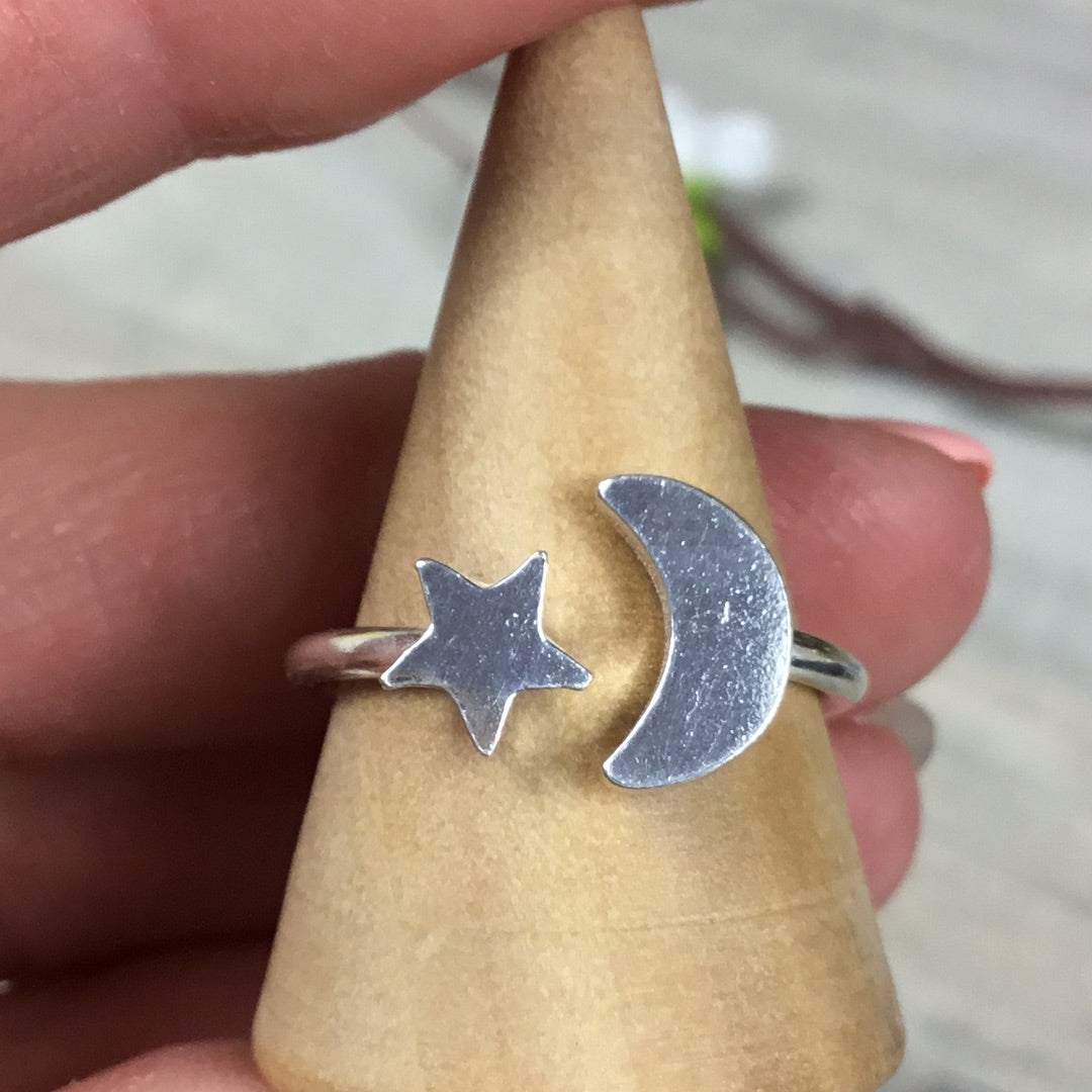 Moon & Star Adjustable 925 Sterling Silver Ring