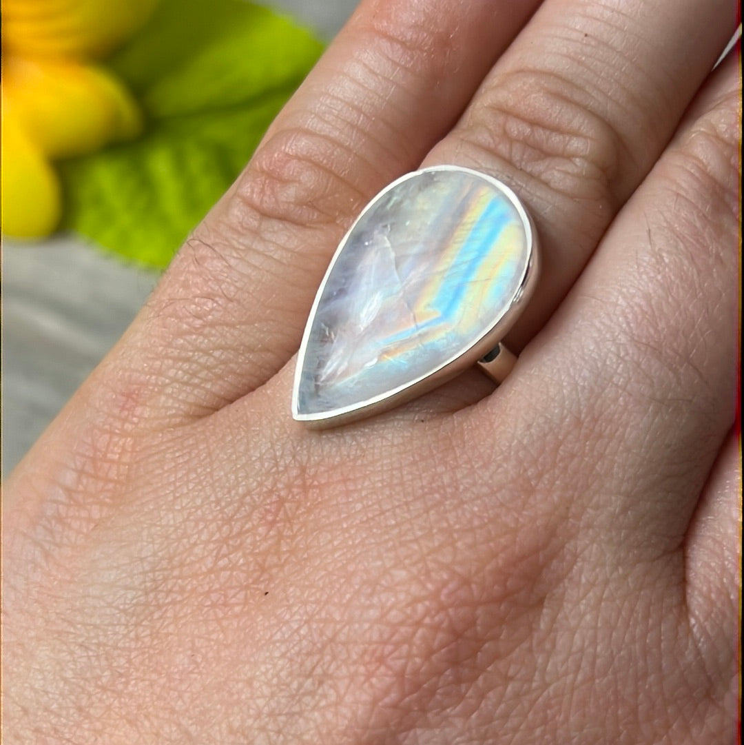 AAA Rainbow Moonstone 925 Silver Ring -  Size L 1/2